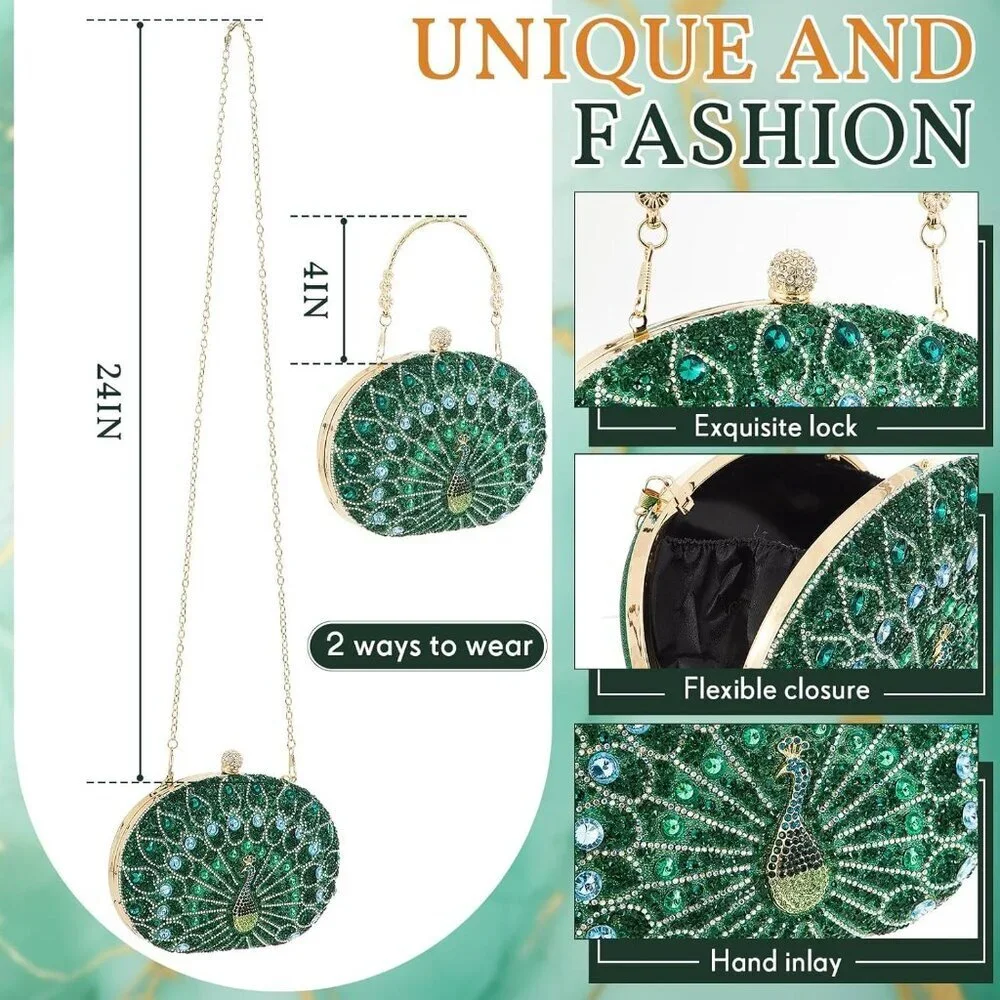 Evening Clutch Purse Set Crystal Peacock Jewelry Gift for Women